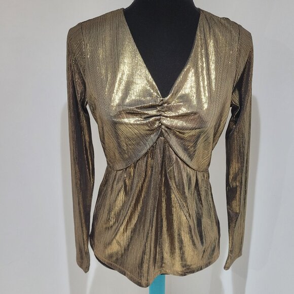 Michael Kors Gold Flowy Long Sleeve V-Neck Top Blouse Size Small Metallic NEW - Picture 1 of 12